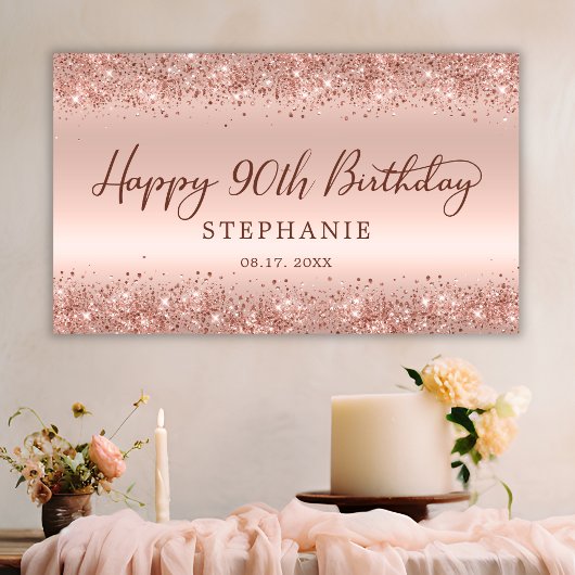 Chic Roos Gold Glitter Happy 90th Birthday Script Spandoek