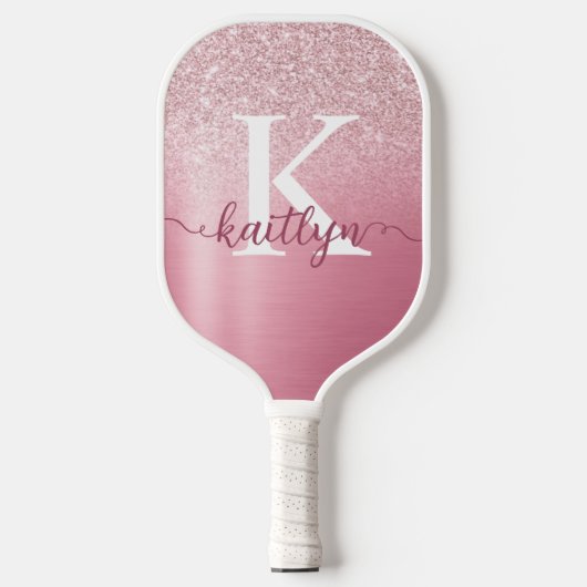 Chic Roos Gold Glitter Monogram Script Name Pickleball Paddle (Voorkant)