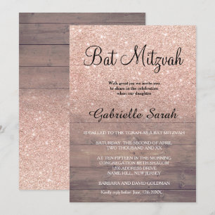 Chic roos gold glitter rustig wood Bat Mitzvah Kaart