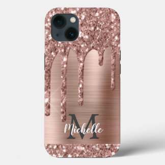 Chic Roos Gold Glitter-schijven Monogram roze meta iPhone 13 Hoesje
