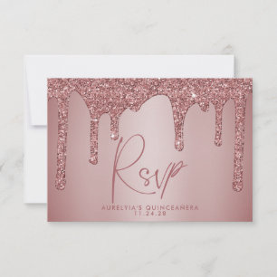 Chic Roos Gold Glitter Sparkle Quinceañera RSVP Kaartje