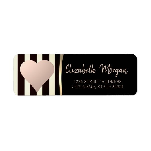 Chic Roos Gold Heart, Black Stripes Address Label (Voorkant)