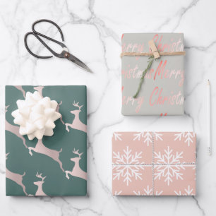 Chic Roos Gold Metallic Roze Script Gray Reindeer Inpakpapier Vel