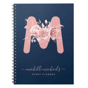 Chic Roos Gold Navy Floral Waterverf Monogram Notitieboek