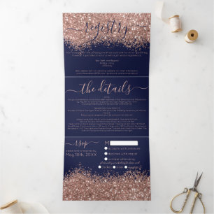 Chic Roos Gold Navy Glitter Registry Detail RSVP Drieluik Uitnodiging