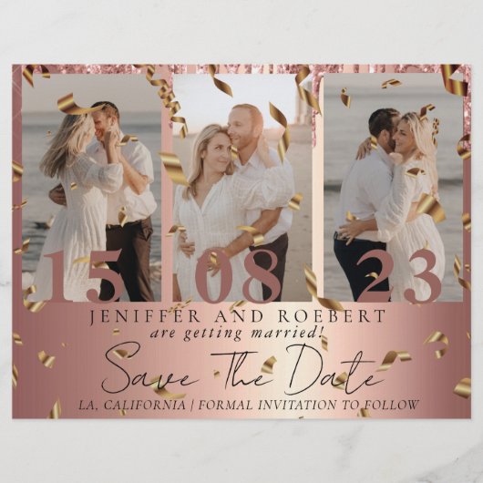 Chic Roos Gold Photo Collage Save the Date Kaart (Voorkant)