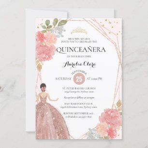 Chic Roos Gold Pink Floral Geometric Quinceañera I Kaart