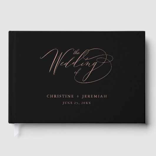 Chic Roos Gold Script Calligraphy Black Wedding Gastenboek (Voorkant)