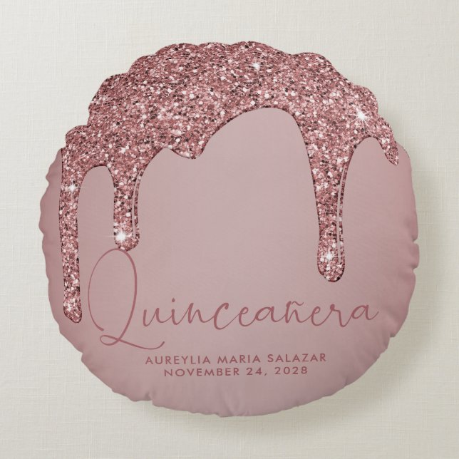 Chic Roos Gold Sparkle Glitter Drift Quinceanera Rond Kussen (Voorkant)