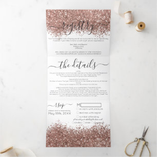 Chic Roos Gold White Glitter Registry Details RSVP Drieluik Uitnodiging