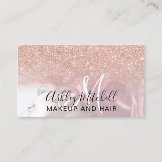 Chic roos goud glitter foto monogram make-up haar visitekaartje (Voorkant)