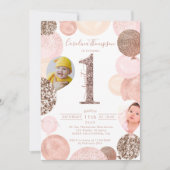 Chic roos goud glitter roze ballon foto eerste kaart (Voorkant)