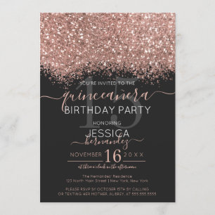 Chic Roos Goud Zwart Glitter Confetti Quinceañera Kaart