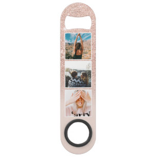 Chic roos gouden glitter blush 3 foto grid monogra speed flessenopener