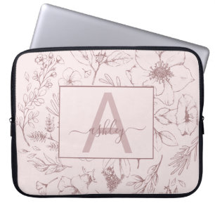 Chic Roos Roze Floral Manuscript Naam Monogram Laptop Sleeve
