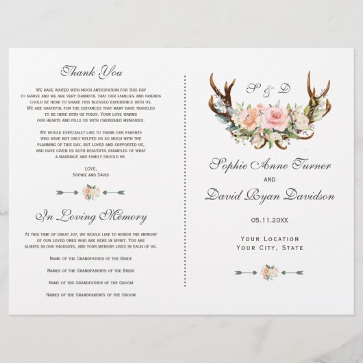Chic Rose Blush Floral Antlers Programme de mariag (Devant)
