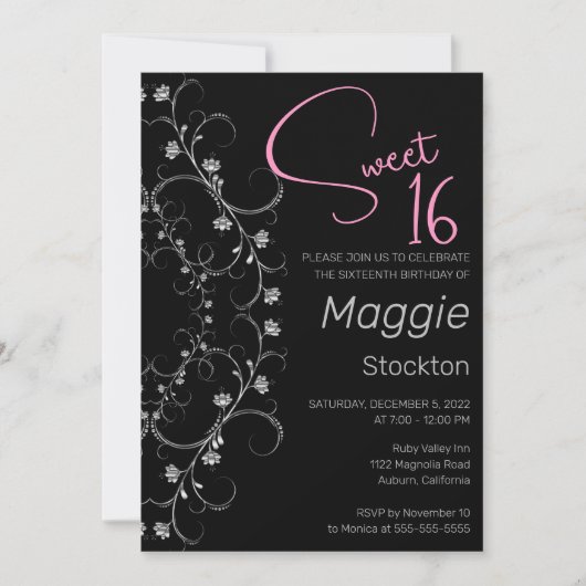 Chic rose et argent doux 16 Invitation (Devant)