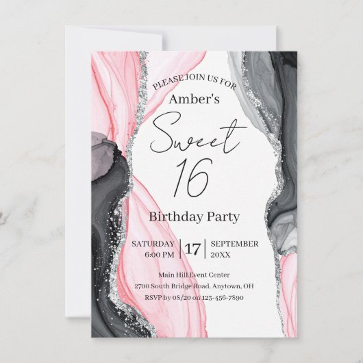 Chic rose et noir marbre doux 16 Invitation (Devant)