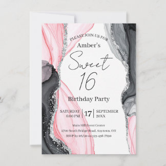 Chic rose et noir marbre doux 16 Invitation