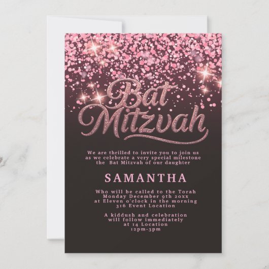 Chic Rose Gold & Black Bat Mitzvah Invitation (Devant)