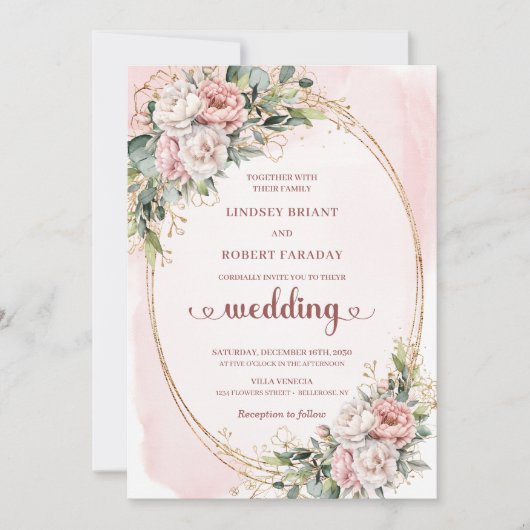 Chic Rose Gold Blush Botanical Wedding Invitation (Devant)