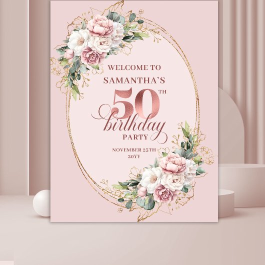 Chic Rose Gold Greenery 50th Birthday Celebration Wandkleed