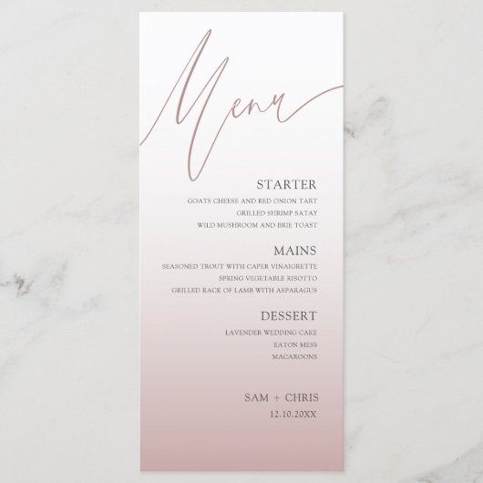 Chic Rose Gold  Wedding Dinner Menu (Devant)