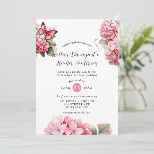 Chic rose Hydrangea Butterfly Faire-part de mariag (Debout devant)