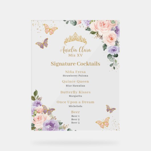 Chic Rose violet Floral Quinceanera Bar Menu Boiss (Recto)
