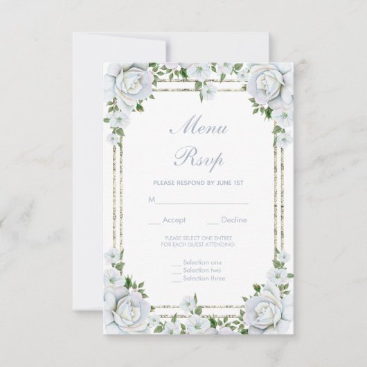 Chic Roses & Bordure Argentée Florale Menu RSVP (Devant)
