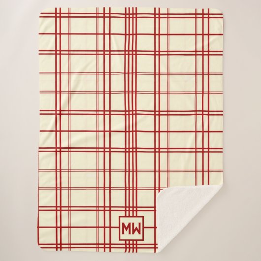 Chic rouge à rayures plaid crème monogramme (Devant)