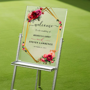 Chic rouge rose floral et faux or mariage de bienv
