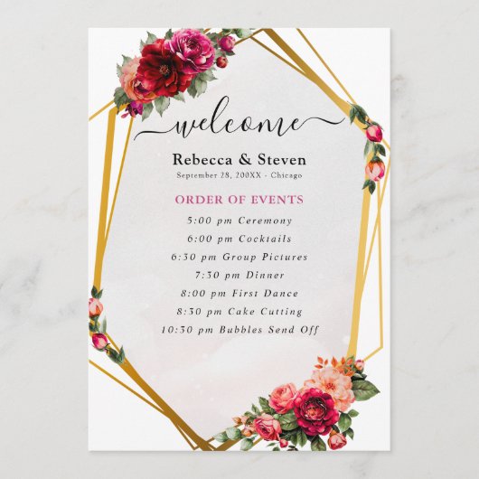 Chic rouge rose floral et faux programme de mariag (Devant)