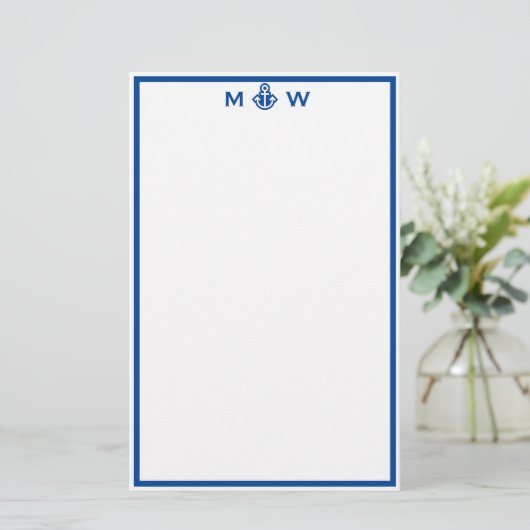 Chic Royal Blue Anchor Monogram Stationery Briefpapier (Staand voorkant)