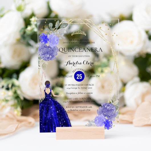 Chic Royal Blue Floral Acryl Uitnodigingen