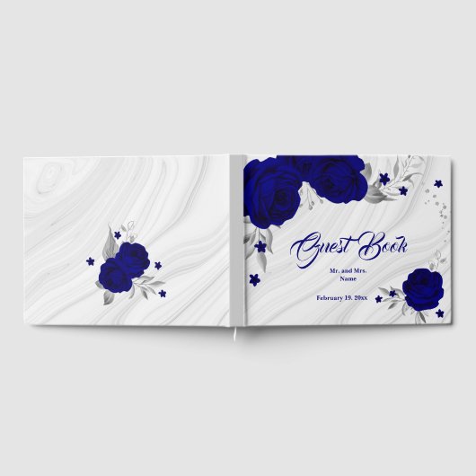 chic royal blue floral Silver blad marmer Gastenboek (Volledig)