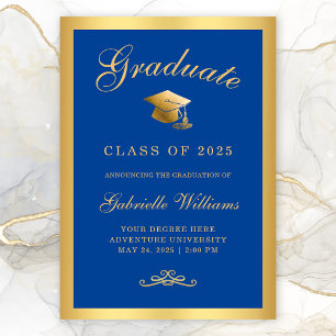 Chic Royal Blue Gold Frame Script Graduation Aankondiging