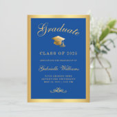 Chic Royal Blue Gold Lijst Script Afstuderen Aankondiging (Staand voorkant)