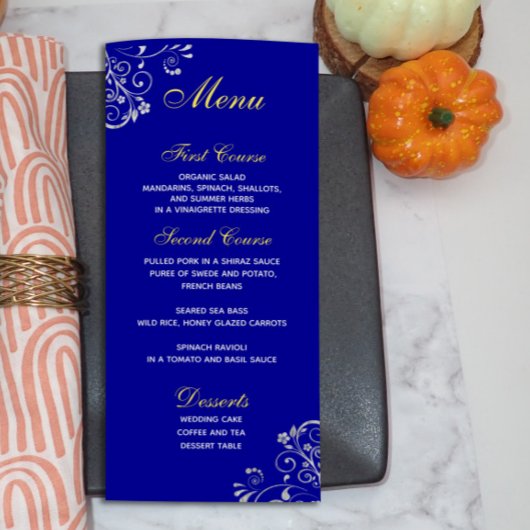 Chic Royal Blue Silver Swirl Wedding Menu