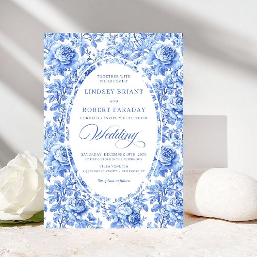 Chic Royal Blue Toile Floral Wedding Invitation