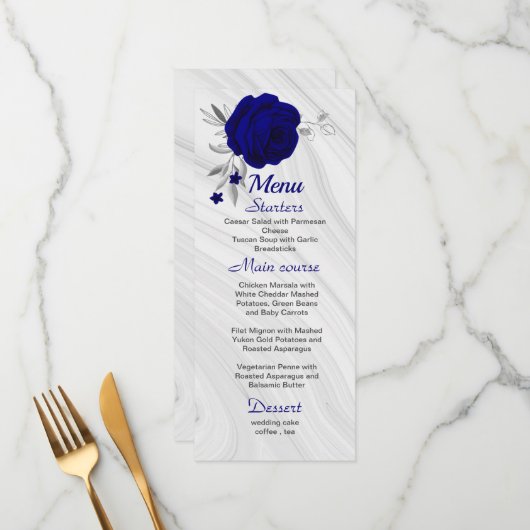 chic royal blue zilver gray floral bruiloft menu (Voorkant / Achterkant in situ)