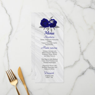 chic royal blue zilver gray floral bruiloft menu
