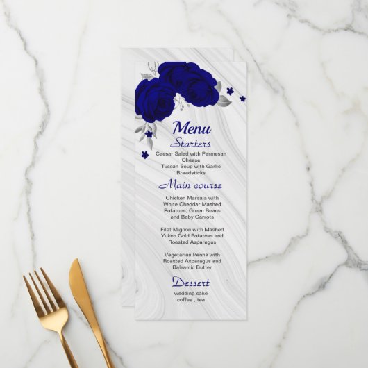chic royal blue zilver gray floral bruiloft menu (Voorkant / Achterkant in situ)