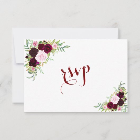 Chic Royal Burgundy Marsala Floral Wedding RSVP (Voorkant)