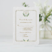 Chic Royal Gold Crest Lush Greenery Wedding RSVP (Staand voorkant)