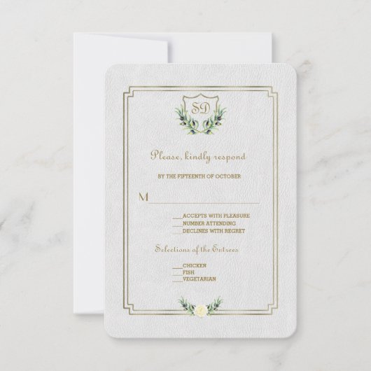 Chic Royal Gold Crest Lush Greenery Wedding RSVP (Voorkant)