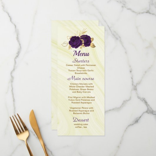 chic royal paars gold floral bruiloft menu (Voorkant / Achterkant in situ)