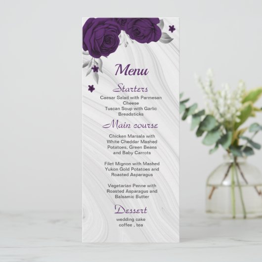 chic royal paars zilver gry floral bruiloft menu (Staand voorkant)