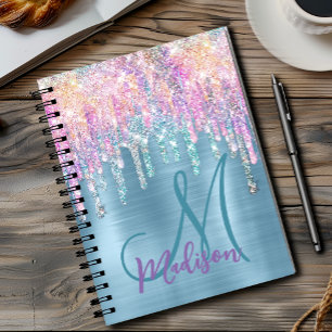Chic roze aqua unicorn dripping glitter monogram notitieboek
