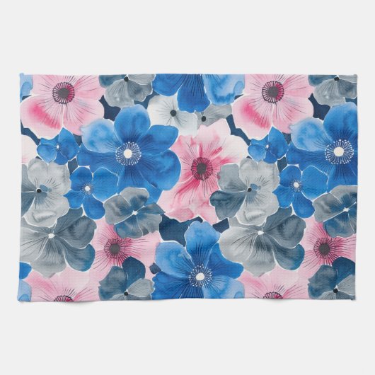 Chic Roze Blauw Bloemen Vrijgezellenfeest Theedoek (Horizontaal)